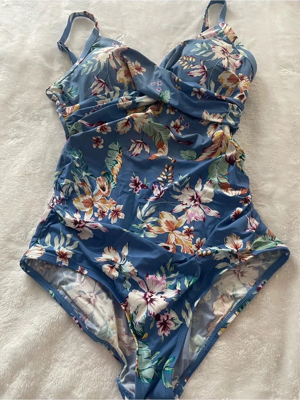 Jantzen size 12 blue tropical floral one piece tummy flattering lined bra adjust